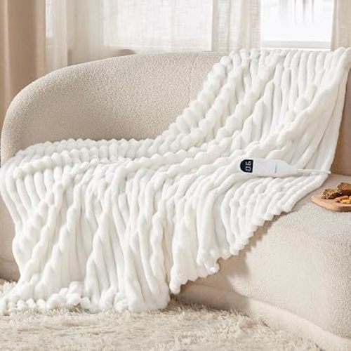 Bedsure Heated Blanket Electric Throw - Thick Striped Fast Heating Electric Blanket with Preheat Function, 6 Heat & 6 Timer (Up to 10H), 8H Auto Off, ETL Certified, Gifts for Women (50"x60", White)