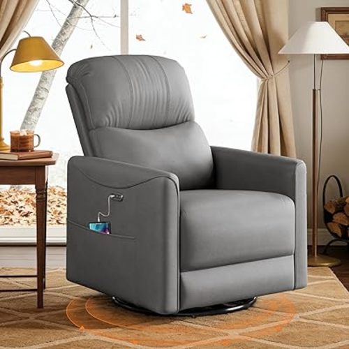 Kidirect Power Swivel Rocker Recliner, 360° Swivel Recliner Chairs for Nursery, Pu Leather Power Recliner Chair with USB Port and Side Pocket, Electric Glider Rocking Chair for Living Room