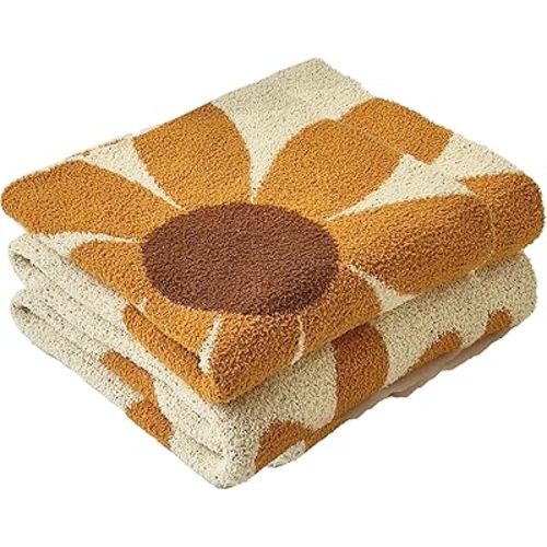 Ultra Soft Cozy Daisy Sunflower Knitted Throw Blanket Fluffy Microfiber Checkerboard Bed Blanket Lightweight Both Sides Blanket for Couch Sofa Bed (Daisy Orange, Baby 30"x40")