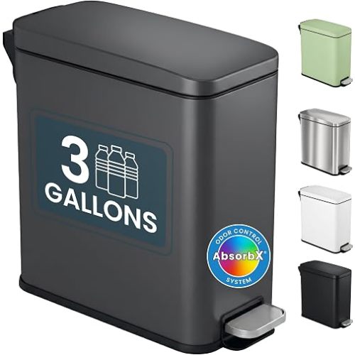 iTouchless 3 Gallon Slim Small Bathroom Step Trash Can w/Lid, Odor Filter