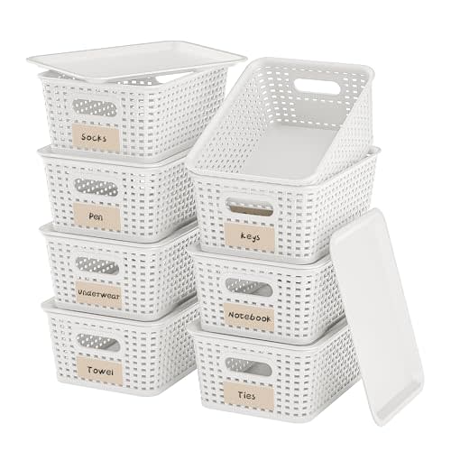 8 Pack Plastic Storage Baskets,White Stackable Bins with Lid | 5.3qt Storage Containers with Labels for Organizing Shelves Drawers Desktop Closet Playroom Classroom Office