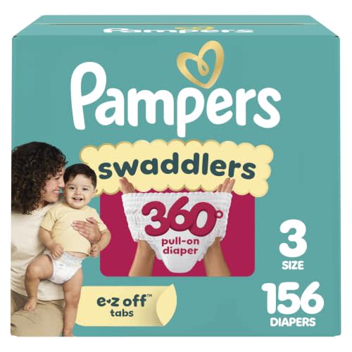 Pampers Diapers - Swaddlers 360° - Size 3, 156 Count, up to 100% Leakproof Comfy Dry Fit, Designed for Easy Changes, Pull On Baby Diaper (Packaging May Vary)