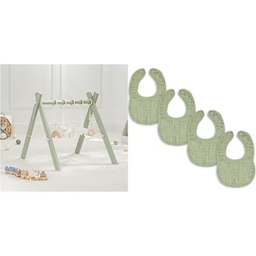 Comfy Cubs Wooden Baby Play Gym and Muslin Baby Bibs Bundled