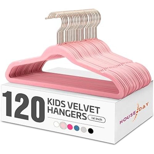 HOUSE DAY Velvet Kids Hangers 120 Pack, Premium Children Hangers for Closet, Slim Cute Clothes Hanger, Non Slip Kid Felt Hanger 14 Inch, Small Size for Toddler Clothes, Blush Pink