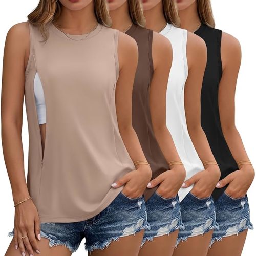 4 Pack Women's Nursing Tank Tops for Breastfeeding Hidden Zippers Sleeveless Nursing Shirts Loose Maternity Tops