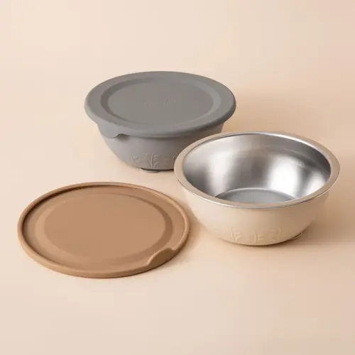 Stainless Steel Silicone Suction Bowls, Color: Croissant/Grey