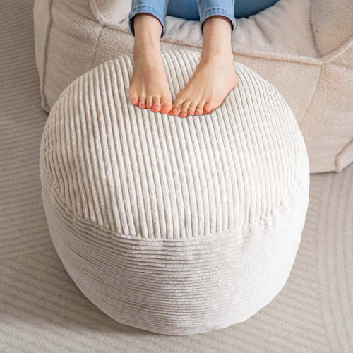 BYBYME Round Pouf Ottoman,A Modern Foam Stuffed Poof Perfect to Rest Your Feet,20X15 Corduroy Soft Poufs for Living Room,Beige