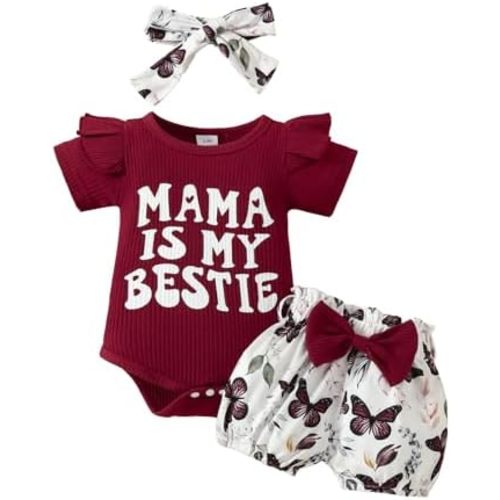 Newborn Baby Girl Clothes Mama is My Bestie Outfit Short Sleeve Romper Shorts Headband 3Pcs Summer Clothes Set