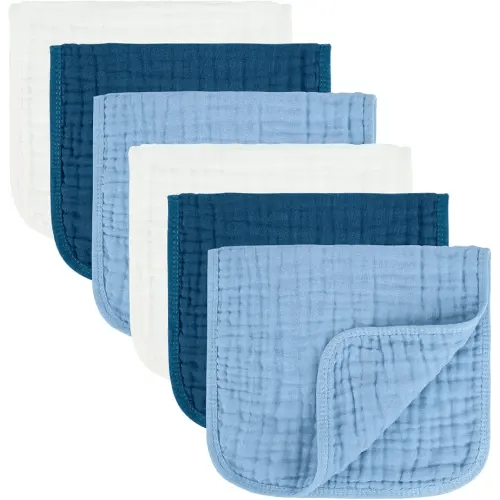 Baby Burp Cloth 100% Cotton Newborn Cotton Muslin Burp Cloth 10x20 inches (White & Blue 6 Pieces)
