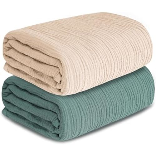 Muslin Swaddle Blankets for Newborn, 2 Pack Breathable Soft Receiving Blanket, Large 41 x 41 inches Swaddle Wrap Burping Clothes, Essentials Infant Shower Items. (Beige & Green)