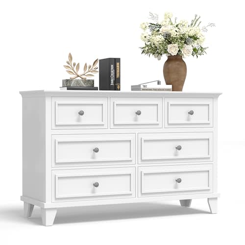 GarveeHome White Dresser for Bedroom, 7 Drawer Dresser, Wooden Chest of Drawers with Deep Drawers, 47 in Long Dressers TV Stand, Modern Dressers Organizer with Vintage Handle for Living Room, Hallway