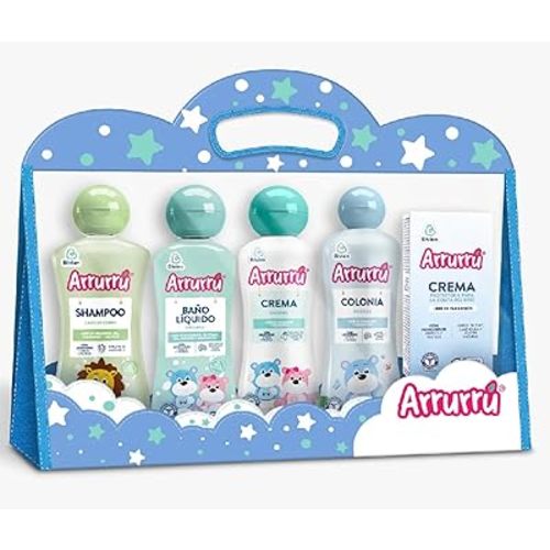 Arrurru Kit Abuelita Azul - Colonia Azul 220 ml - Shampoo Cabello Claro 220 ml - Baño Líquido 220 ml - Crema Original 220 ml - Crema Protectora para la Colita del bebé 60 gr.