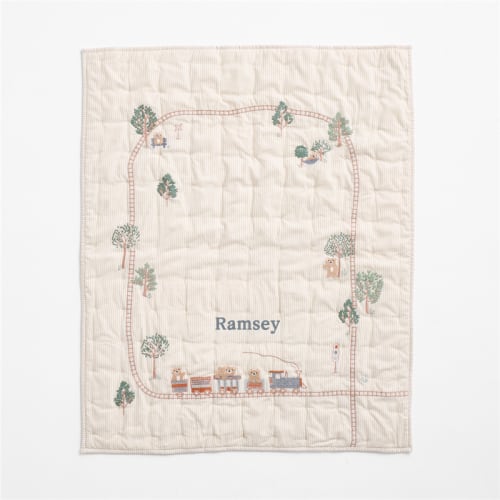 Personalized Teddy Train Embroidered Organic Cotton Baby Crib Quilt