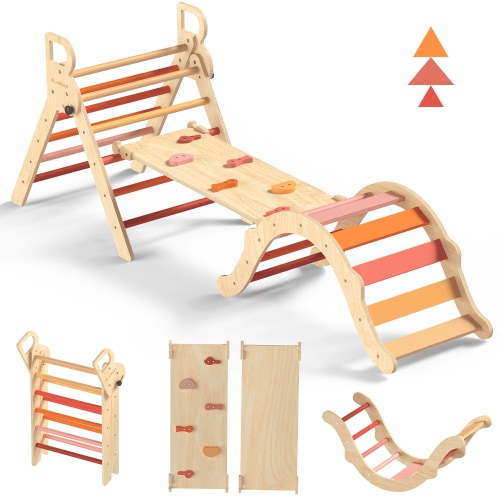 BlueWood Pikler Triangle Set Foldable 8-in-1 Wooden Indoor Climbing Pink 3 Piece