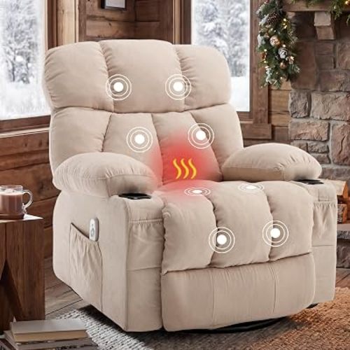 Oversized Massage Rocker Recliner Chair, 360°Swivel Rocking Recliner Sofa with Vibration Massage & Heat, Reclining Nursery Chair for Living Room with 4 Pockets 2 Cup Holders & USB Charge Port, Beige