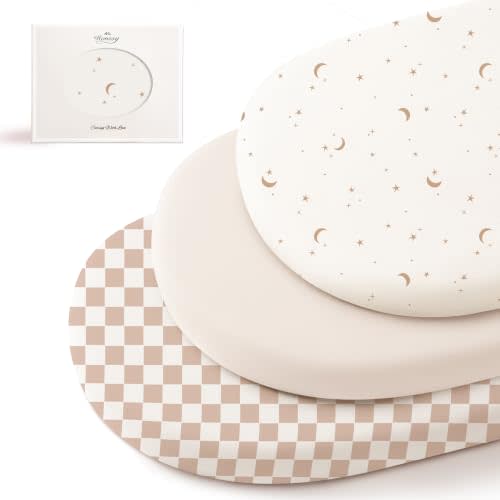 Konssy 3 Pack Stretchy Bassinet Sheets for Baby Girls and Boys, 32"x16" | Silky-Soft & Breathable, Bassinet Mattress Sheet, Compatible with Halo Bassinest Swivel Sleeper, Graco, Snoo (Moon)