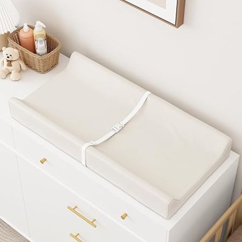 YACODAVO Wipeable Baby Changing Pad for Dresser and Table, Cozy Diaper Changing Pad with Waterproof & Wipe-Clean Leather Cover, Off-White