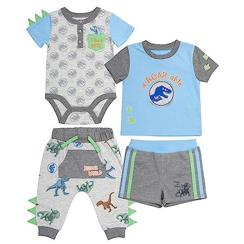Jurassic Baby Boys 4 Piece Clothing Set | One-Piece Bodysuit, Gel Overlay Shorts, Short Sleeve T-Shirt, Jogging Pants