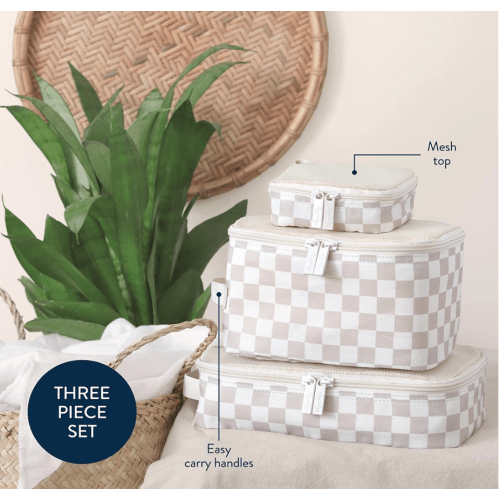 Itzy Ritzy Packing Cubes for Travel – Set of 3 Packing Cubes or Travel Organizers; Each Cube Features a Mesh Top, Double Zippers and a Fabric Handle (Checkerboard)