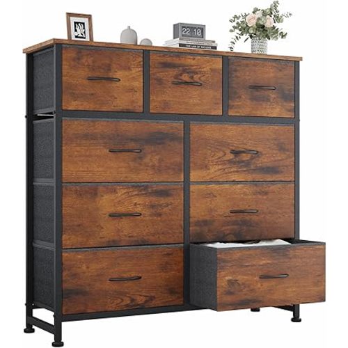 OLIXIS Dresser for Bedroom, 9 Storage Drawers, Wide Fabric Closet Chests Organizer Tower Furniture, TV Stand with Wooden Top Metal Frame for Clothes, Living Room, Hallway, Entryway, Rustic Brown