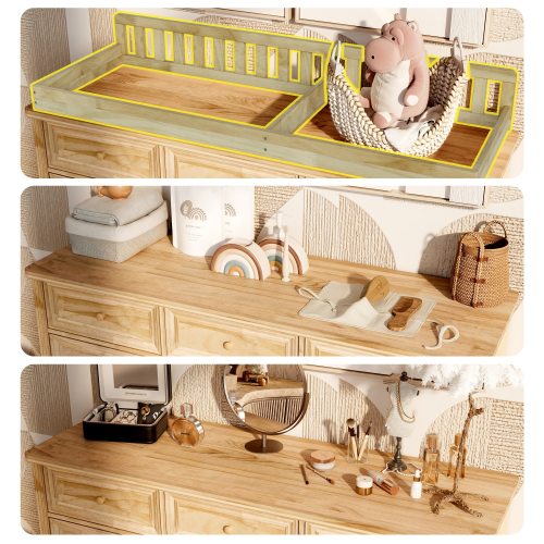 Rustic Solid Pine Wood 9-Drawer Dresser with Changing Top, Nursery Storage Organizer with Anti-Tip Kit, Baby Room Furniture