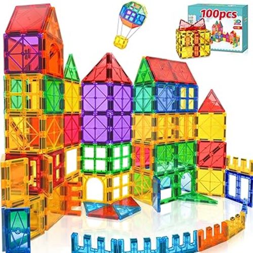 100pcs Magnetic Tiles Magnetic Building Blocks for Toddlers 3 4 5 6 7 Year Old Boys Girls Educational Magnet Blocks Christmas Birthday Gift Toys for Kids Ages 4-8 Sensory Toys 1-3