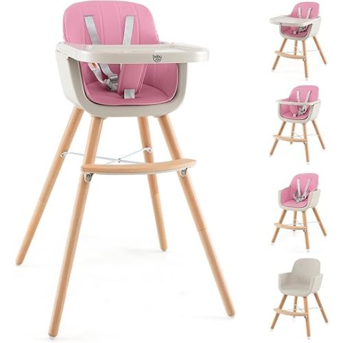 BABY JOY Convertible Baby High Chair, 3 in 1 Wooden Highchair/Booster/Chair with Removable Tray, Adjustable Legs, 5-Point Harness, PU Cushion and Footrest for Baby, Infants, Toddlers (Pink)