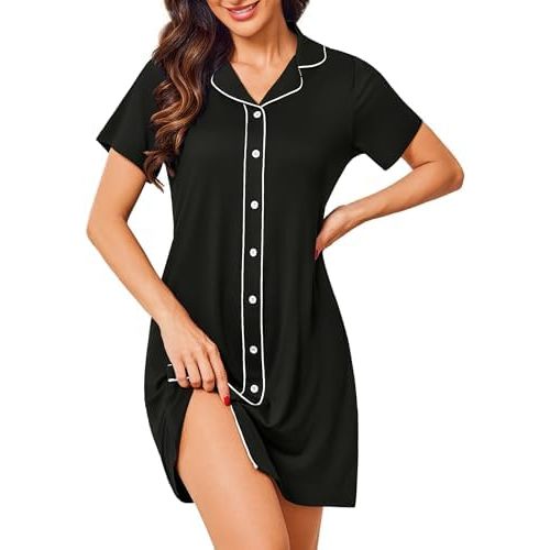 Ekouaer Nightgowns for Women Button Down Night Gowns Short Sleeve Night Dress Notch Collar Sleep Shirt Pajama Dress S-2XL