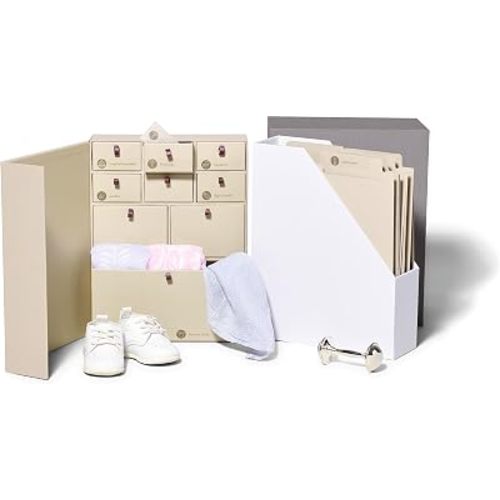 Savor I Baby Deluxe Box | Acid-Free Newborn Keepsake & Memory Organizer with 52 Labels, 9 Drawers, 8 File Folders | Gift for Pregnancy, Gift for Mom & Baby Shower, Slate, No Customization