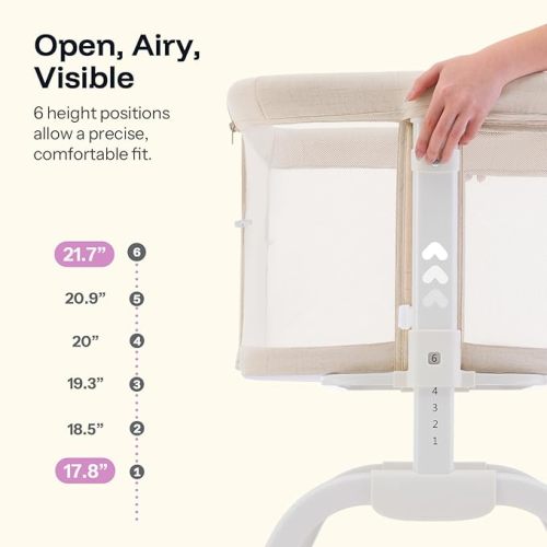 HARPPA Cuddly Lite Bassinet, 2 in 1 Baby Bassinet with Breathable Mesh and Mattress, 6 Height Adjustable, Bedside Sleeper with Anchor Strap, Storage Basket and Wheels, Sand Cream