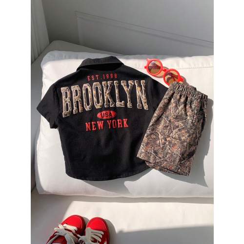 SHEIN 2pcs Baby Boy Summer Casual Black Short Sleeve Shirt With Leaf Camo Pattern Shorts Set, Camo Utility Shirt Outfit