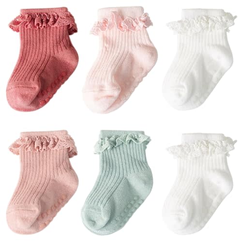 DRESHOW BQUBO Baby Girls Toddler Anti Slip Socks - Cute Frilly Ruffle Grip Ankle Socks for Infant Toddler