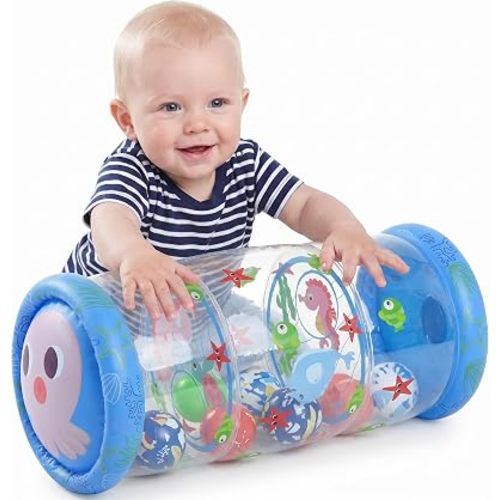 Baby Crawling Toy, Inflatable Roller Toy for Babies 6-12 Months, Sensory Development Tummy Time Toy with Rattle Balls, Infant Learning Activity Toy for Motor Skills, Birthday Gifts for 1-3 Year olds