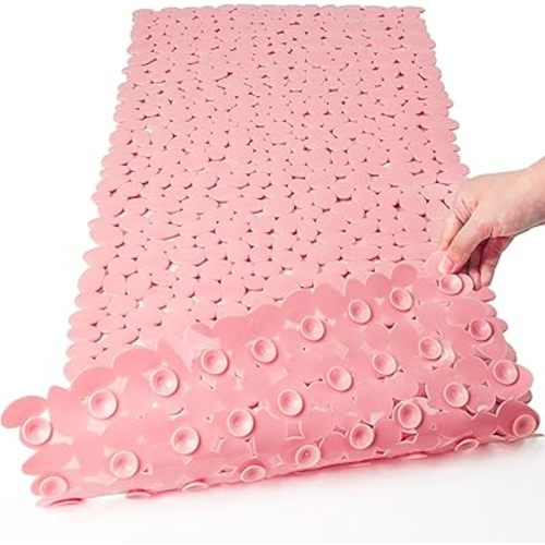 Pebble Shower Mat for Bathtub Non Slip Mat 35"X16" with Suction Cups,Pink