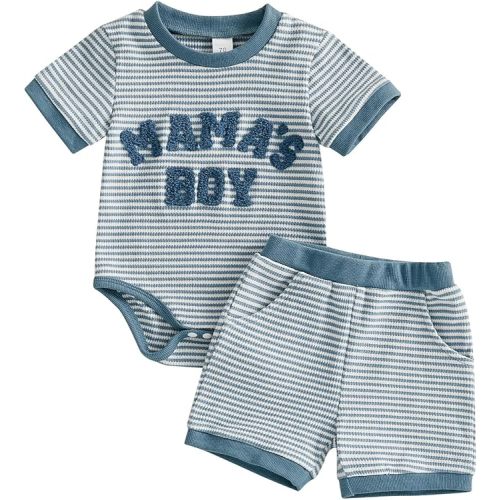 Mamas Boy Baby Clothes Summer Newborn 3 6 9 12 Months Striped Waffle Knit Short Sleeve Romper Shorts Set Outfit