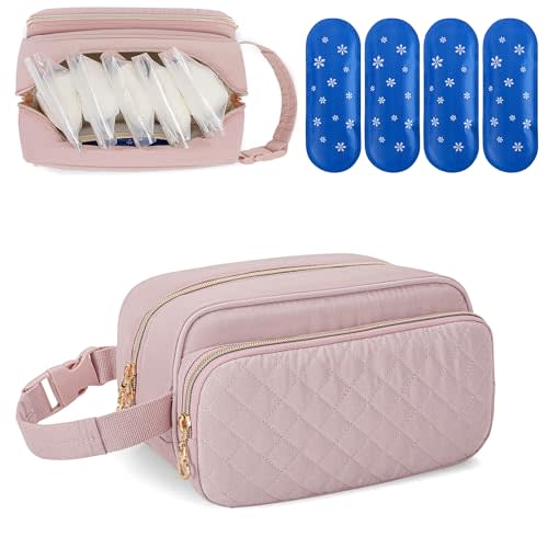 Damero Breastmilk Cooler Bag with 4 Ice Packs, Breast Milk Cooler Travel Bag Fit for Milk Bags or Bottles, with Buckle Handle for Breastfeeding Moms Travel/Daycare, Pink