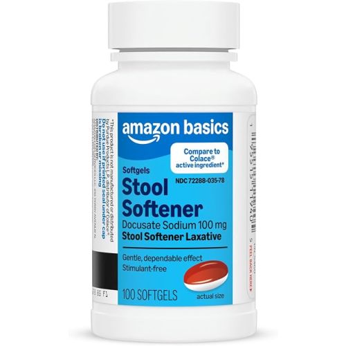 Amazon Basics Stool Softener Laxative, Docusate Sodium 100 mg, Softgels, for Constipation Relief, 100 Count (Previously Care)