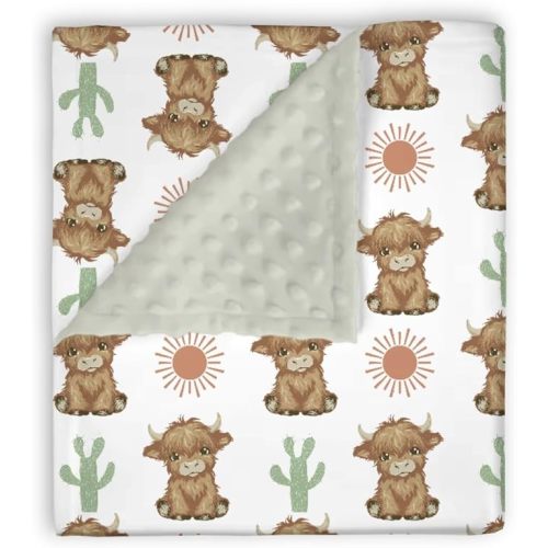 Mink Baby Girl Blanket Highland Cow Cactus Sun Cowgirl, Boho Western Animal Lover Soft Double Layer Dotted Backing Receiving Blankets, Yellow Newborn Infant Toddler Nursery Crib Bedding 30x40