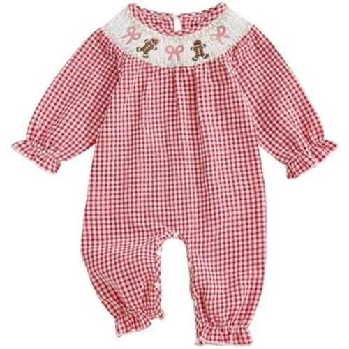 Kayotuas Newborn Baby Girl Christmas Outfit Santa Ruffle Sleeve Bubble Romper Smocked Jumpsuit Bodysuit Fall Winter Clothes