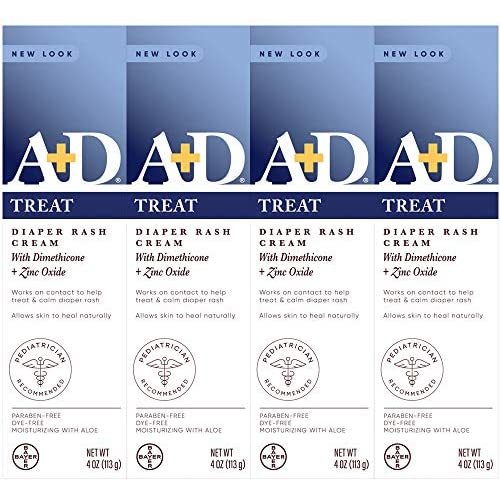 A+D Zinc Oxide Diaper Rash Treatment Cream, Dimenthicone 1%, Zinc Oxide 10%, Easy Spreading Baby Skin Care, 4 Ounce Tube (Pack of 4) (Packaging May Vary)