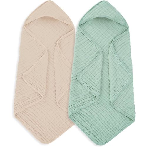 Muslin Hooded Baby Towels 100% Cotton ，Super Soft Muslin Baby Bath Towel - 32 x 32 Inches, Suitable for Newborn and Young Children up to 3 Years Old. (Beige & Green)
