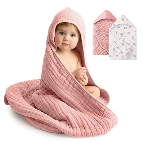 Baby Girl Bath Towels, 100% Muslin Cotton Hooded Baby Towels for Newborn, 2 Pack Baby Towels with Hood for Infant Toddler and Kids, Large 32x32Inch Essentials, Soft and Absorbent Pink Flower