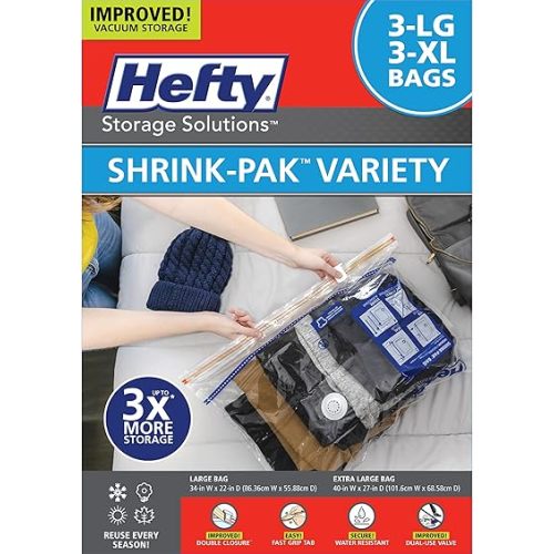 Hefty Shrink-Pak Vacuum Storage Bags - Space Saver for Under Bed Storage, Clothing and Comforters, Odor Resistant, 3X More Storage Space - 3 Large, 3 XL Bags