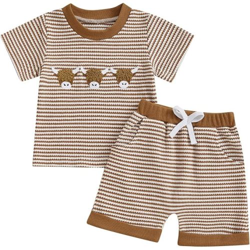 fhutpw Baby Toddler Boy Girl Summer Clothes Embroidery Stripe Short Sleeve T-shirt Tops + Shorts Sets Infant 2 Piece Outfits