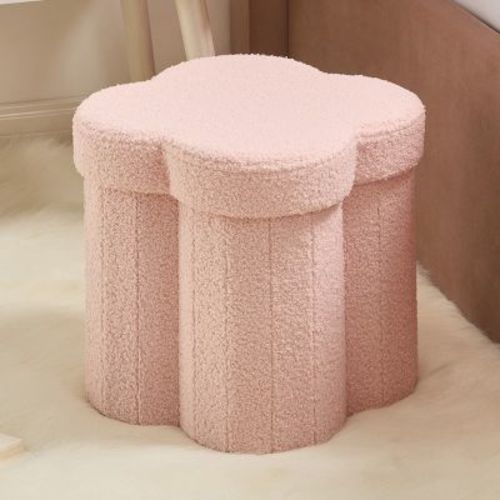 Ornavo Home Pink Boucle Flower 12" Storage Ottoman - Footstool - Perfect for Dorm, Living Room and Bedroom