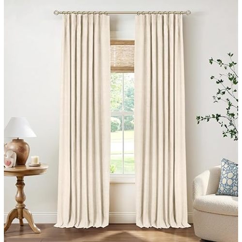 INOVADAY 100% Blackout Curtains for Bedroom, Cream Black Out Curtains 84 Inch Long, Clip Rings Linen Blackout Drapes, Thermal Insulated Room Darkening for Living Room, 2 Panels - W50xL84