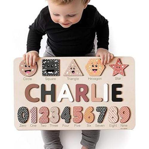 | Personalized Name Puzzle with Numbers & Shapes – 12 Color Themes | Handmade Wooden STEM Montessori Toy for 1 2 3 Year Old | 1st Birthday Gift for Baby Girl Boy | CPC Certified