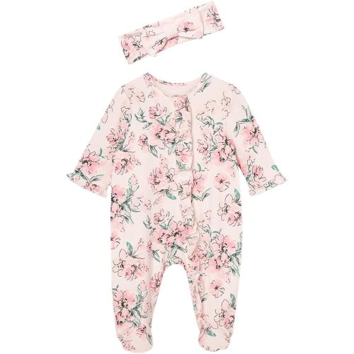 Little Me Clothes for Baby Girls 100% Cotton 2Pc Zipper Closure Footie and Headband Set, Baby Essentials