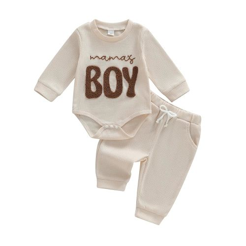Newborn Baby Boy Fall Outfit Romper Long Sleeve Mama Boy Embroidery Onesie Jumpsuit Bodysuit Pants Infant Waffle Clothes