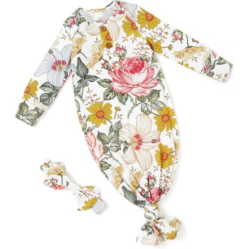 PATPAT Baby Sleeper Gown with Bamboo Viscose for Newborn Girls Boys, Knotted Nightgown with Mittens for Infant Home Coming